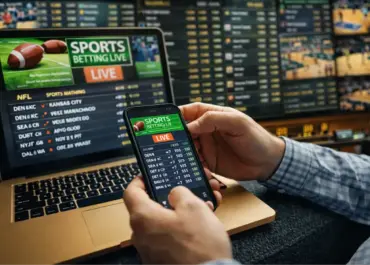 Personne tenant un smartphone affichant des données sportives en direct devant un ordinateur portable et plusieurs écrans montrant des matchs et des tableaux d’informations sportives.