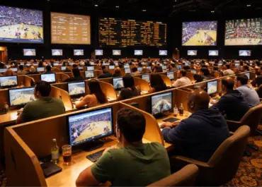 Salle de paris sportifs remplie de personnes assises devant des postes individuels avec écrans, regardant des matchs de basketball et des tableaux de cotes affichés sur de grands écrans au mur.