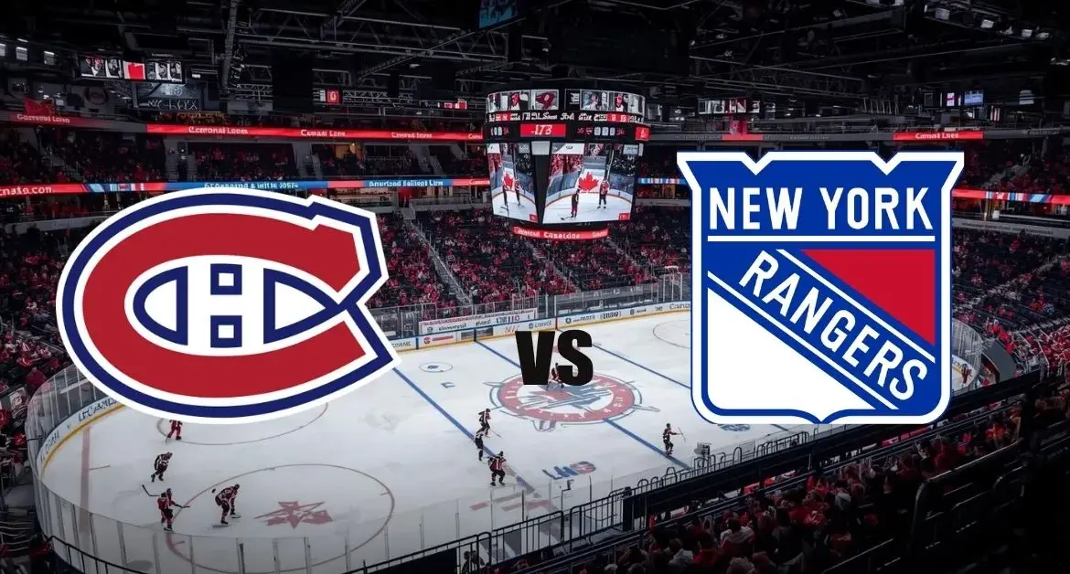 Scène d’un match de hockey sur glace dans une arène remplie, avec les logos des Canadiens de Montréal et des New York Rangers affichés de part et d’autre, et un “VS” au centre.