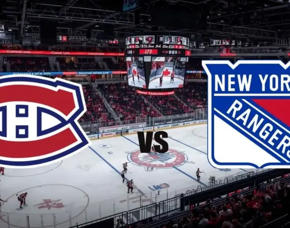 Scène d’un match de hockey sur glace dans une arène remplie, avec les logos des Canadiens de Montréal et des New York Rangers affichés de part et d’autre, et un “VS” au centre.