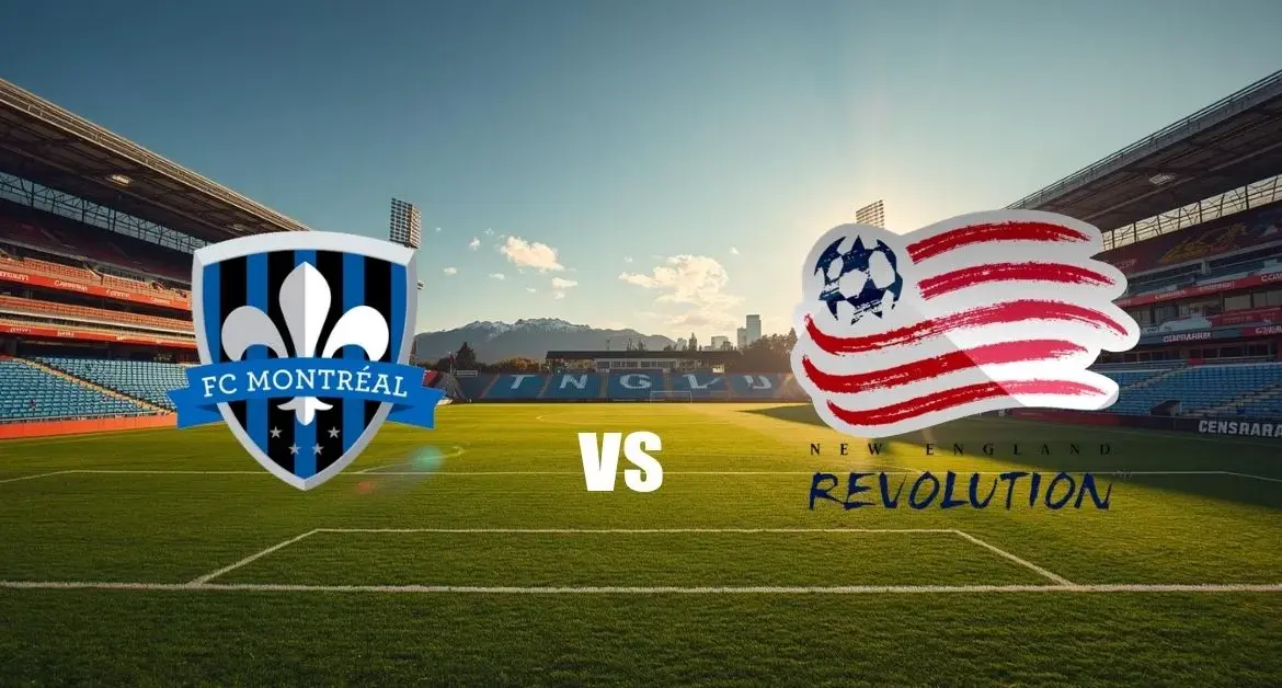 Illustration d’un stade de football avec les logos du CF Montréal et du New England Revolution face à face, avec un “VS” au centre sur le terrain.