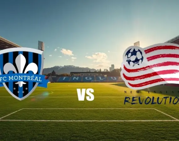 Illustration d’un stade de football avec les logos du CF Montréal et du New England Revolution face à face, avec un “VS” au centre sur le terrain.
