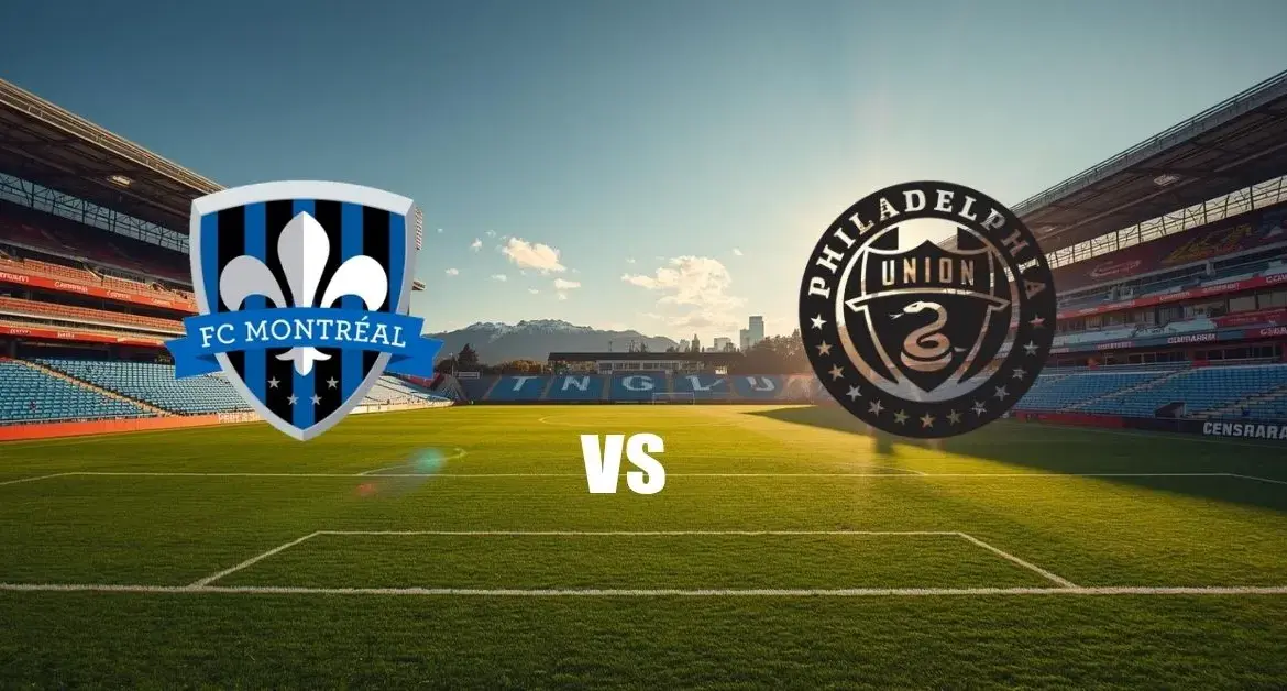 Image d’un stade de football montrant le logo du CF Montréal opposé à celui du Philadelphia Union, avec un “VS” au centre du terrain.