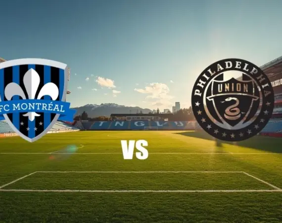 Image d’un stade de football montrant le logo du CF Montréal opposé à celui du Philadelphia Union, avec un “VS” au centre du terrain.
